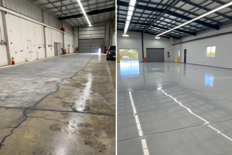 Before and after concrete floor refinishing service in Ipswich garage showing transformation from stained damaged surface to glossy restored finish