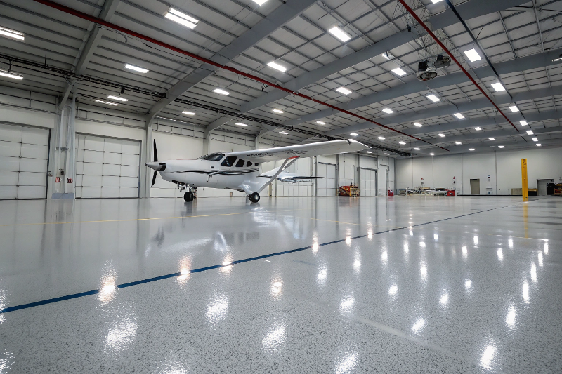 Cessna single-engine aircraft parked on glossy gray epoxy hangar floor showing heavy-load capacity and professional aviation facility finish in Ipswich Queensland