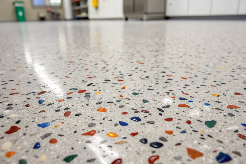Close-up of decorative epoxy floor coating with coloured flakes installed by Ipswich flooring contractor