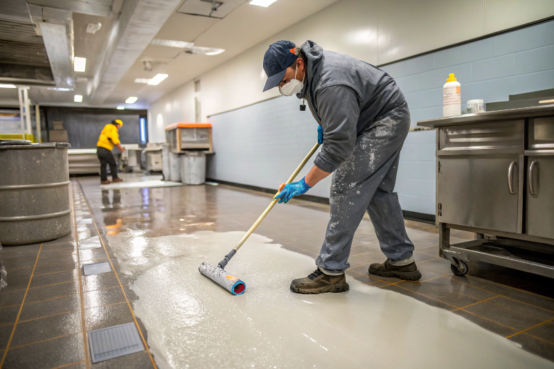 rofessional contractor installing epoxy flooring in Ipswich commercial kitchen