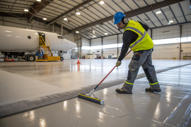 Professional contractor applying aviation-grade epoxy coating to aircraft hangar floor in Ipswich using industrial roller equipment during installation process