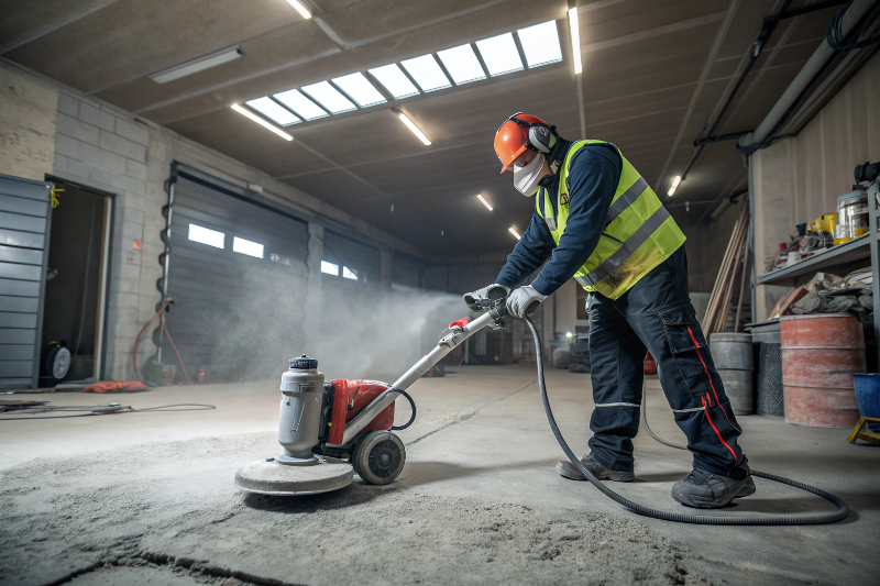 Professional flooring contractor using diamond grinding equipment on concrete surface in Ipswich garage