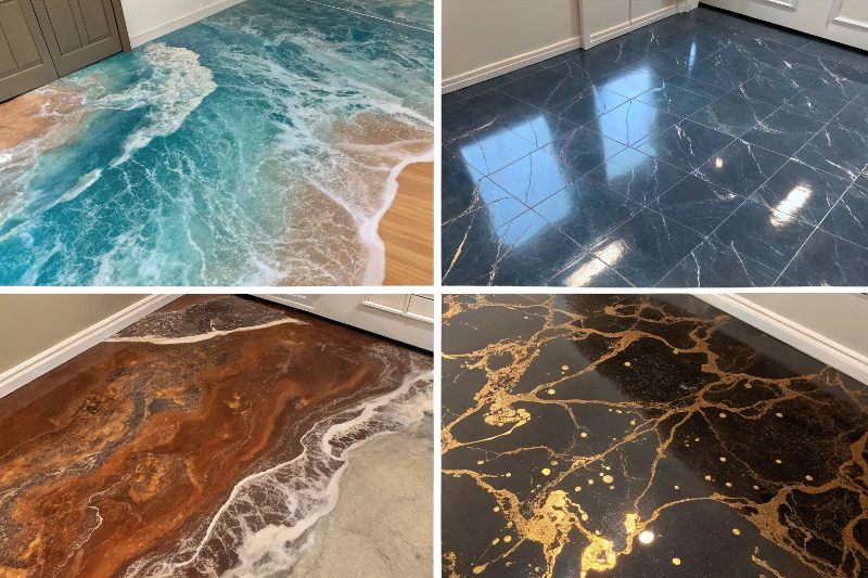 Four metallic epoxy flooring pattern options including ocean wave, molten bronze, galaxy effect, and marble designs