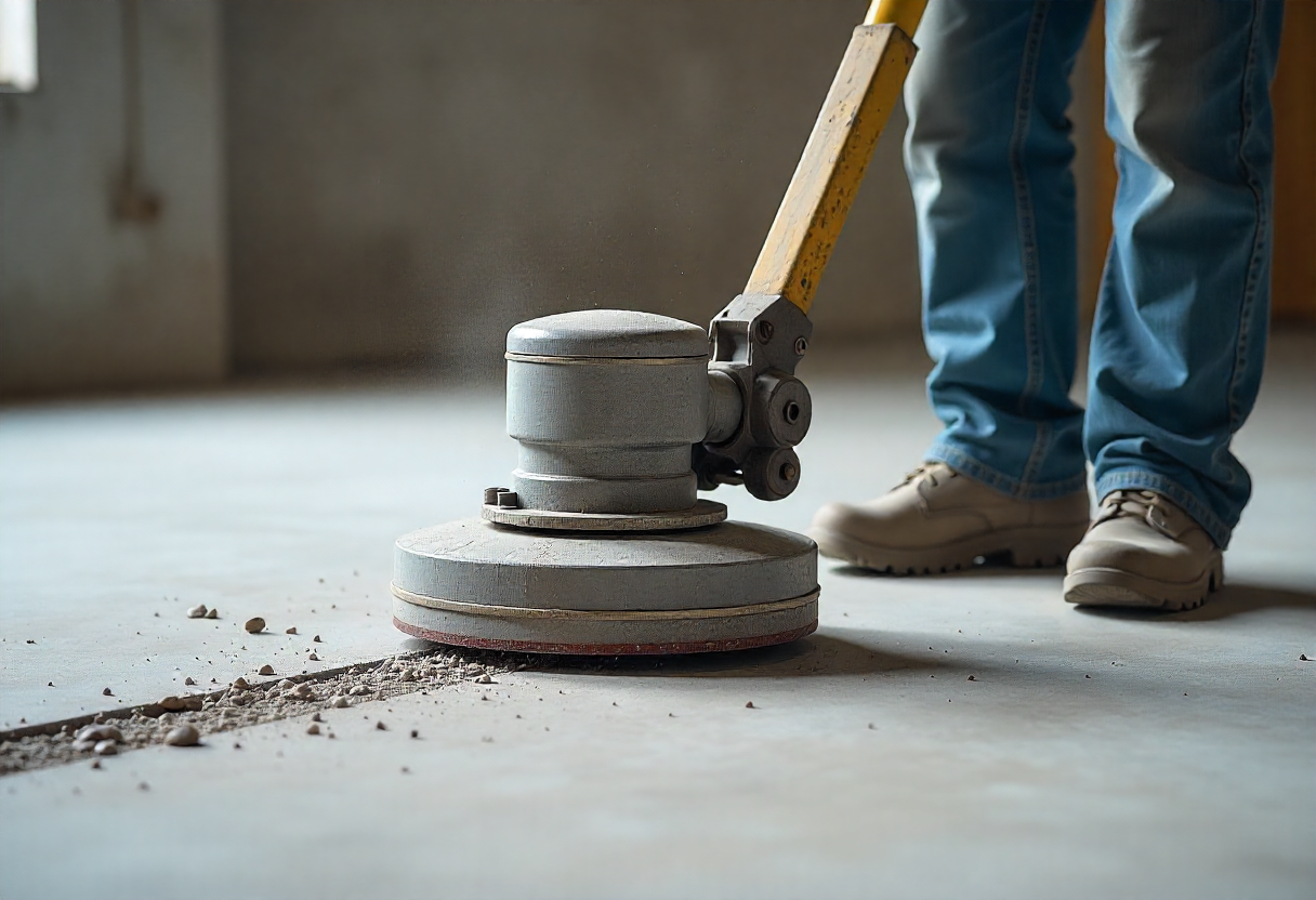 Professional floor grinder machine with diamond grinding head removing old epoxy coating