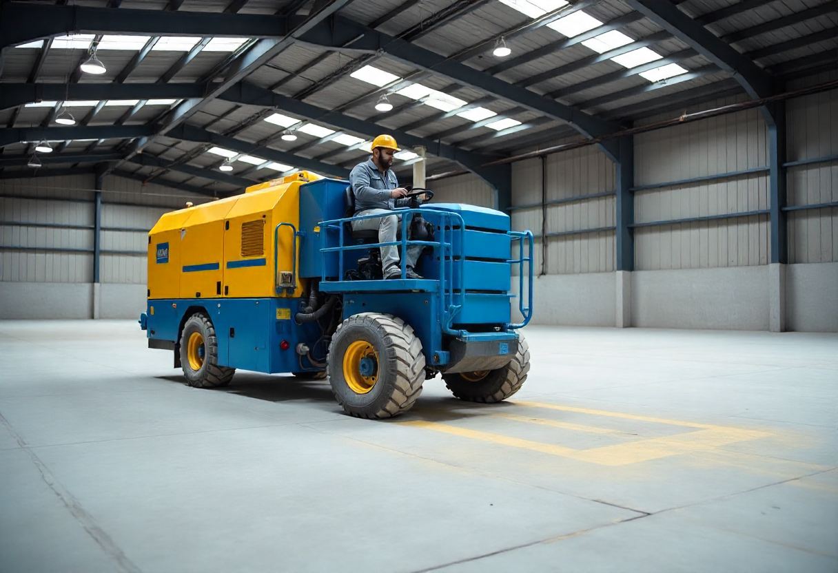 Self-propelled shot blasting machine working on large concrete warehouse floor