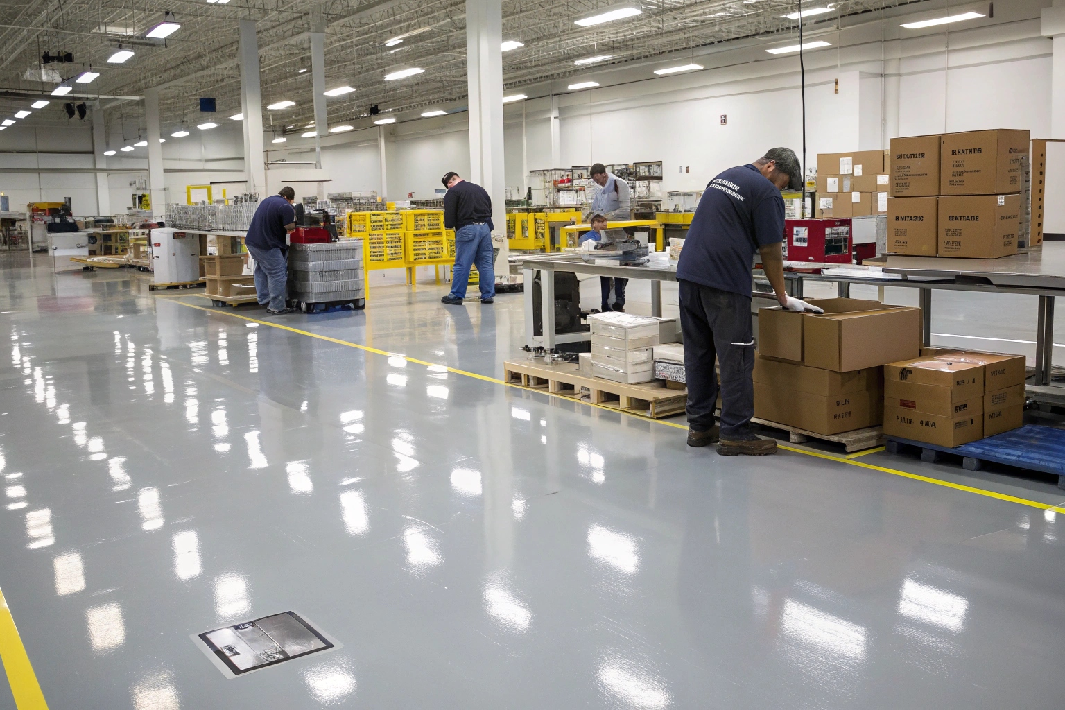 Warehouse pick and pack zone with durable epoxy flooring system