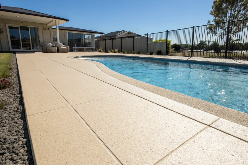 Cool deck epoxy coating on Ipswich pool showing heat-reflective properties compared to hot concrete in Queensland summer