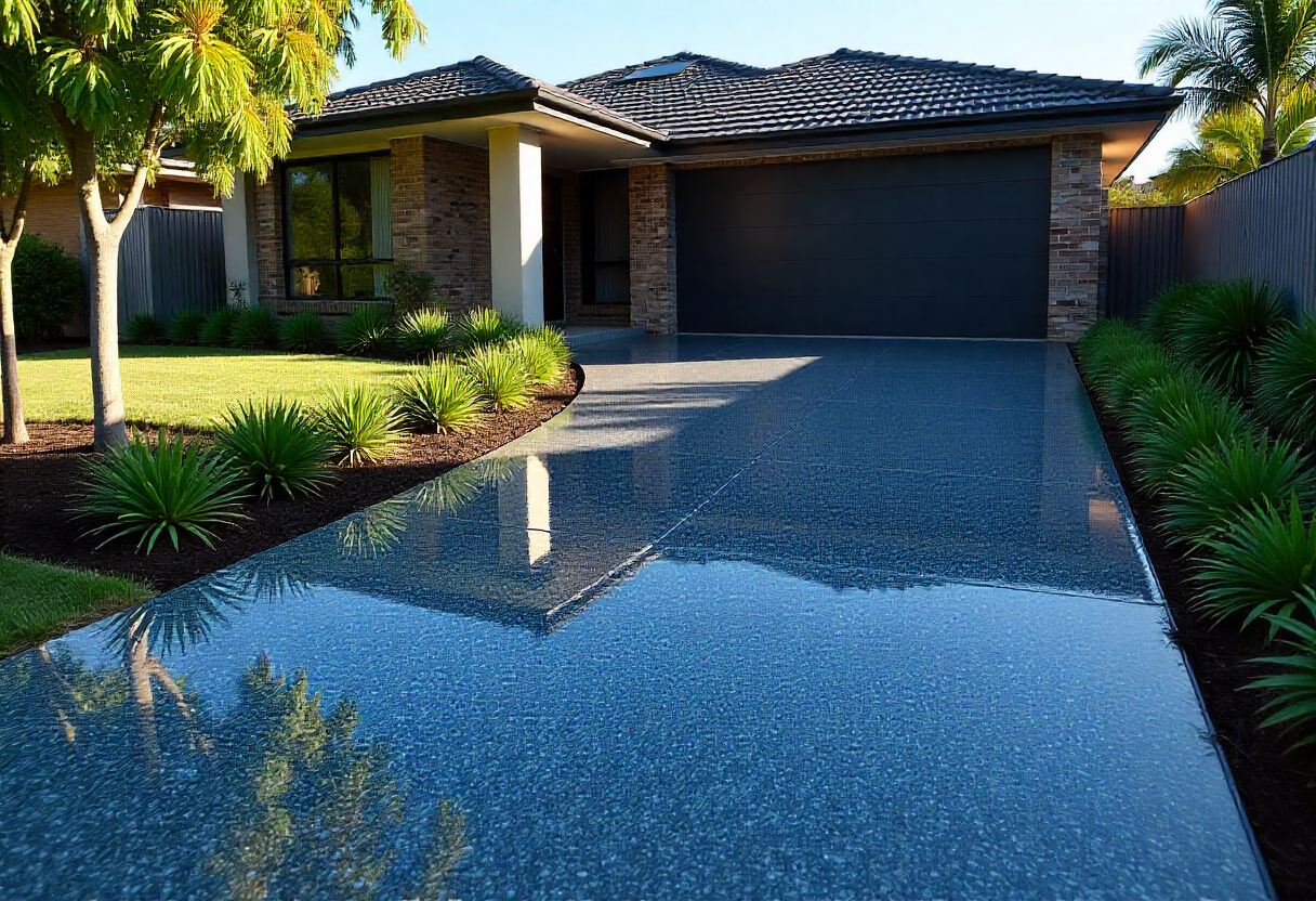beautiful finished epoxy coated driveway in charcoal gray
