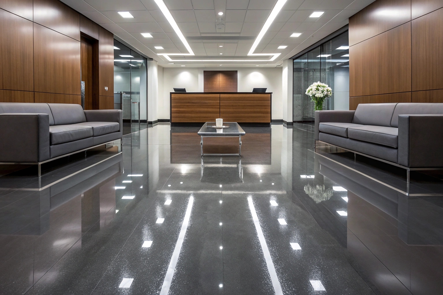 Professional office reception with high-gloss epoxy flooring in Ipswich CBD building