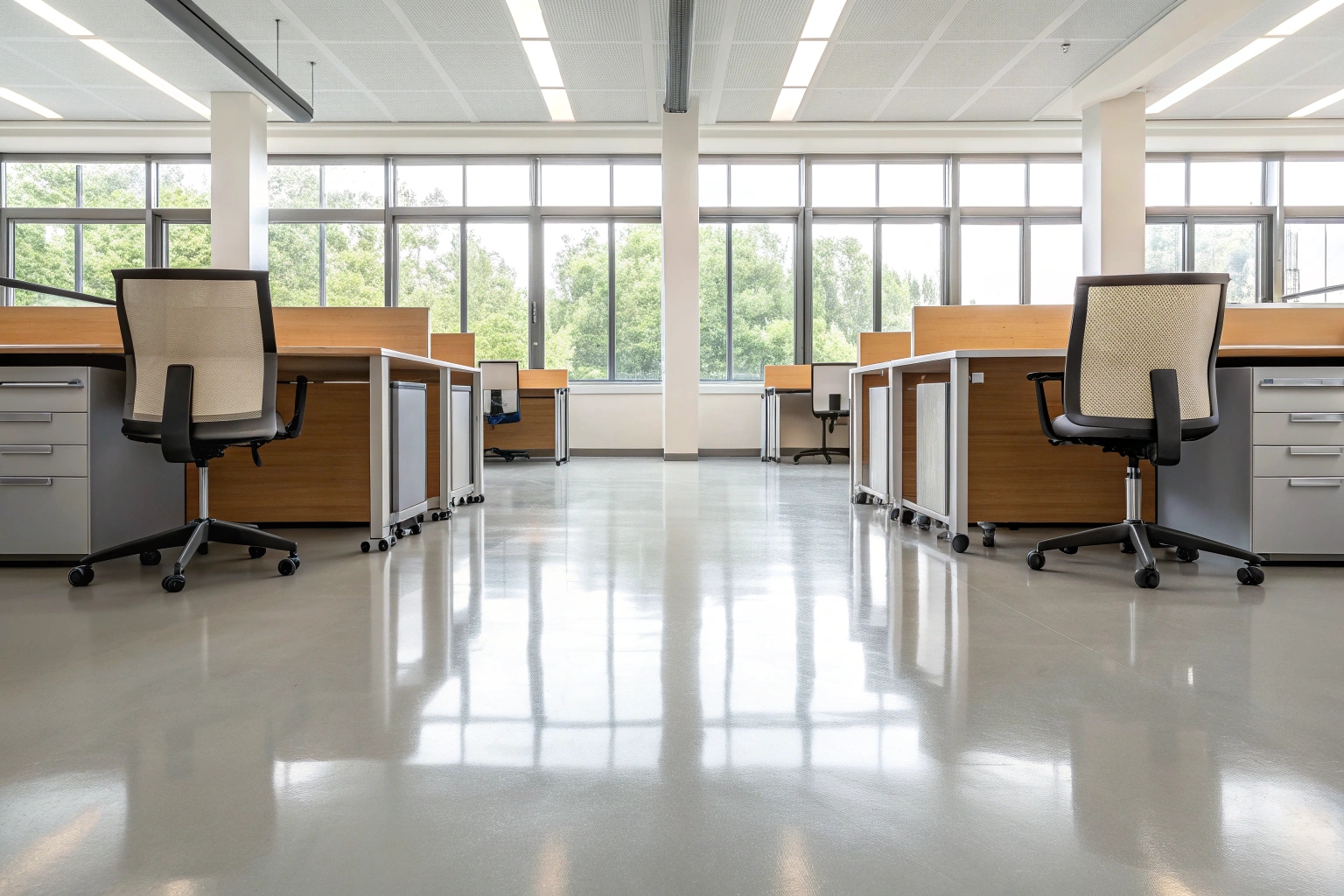 Open plan office with commercial epoxy flooring and office chairs in Ipswich workspace