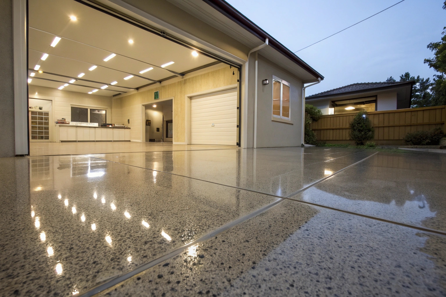 Restored clear coat garage floor with glossy finish in Ipswich home