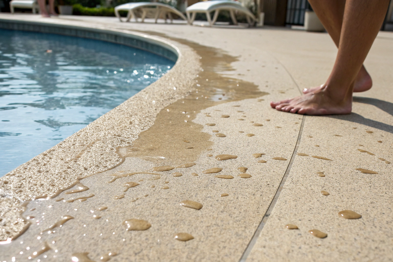 Slip-resistant epoxy pool deck coating in Ipswich showing textured surface with water droplets and safe barefoot traction