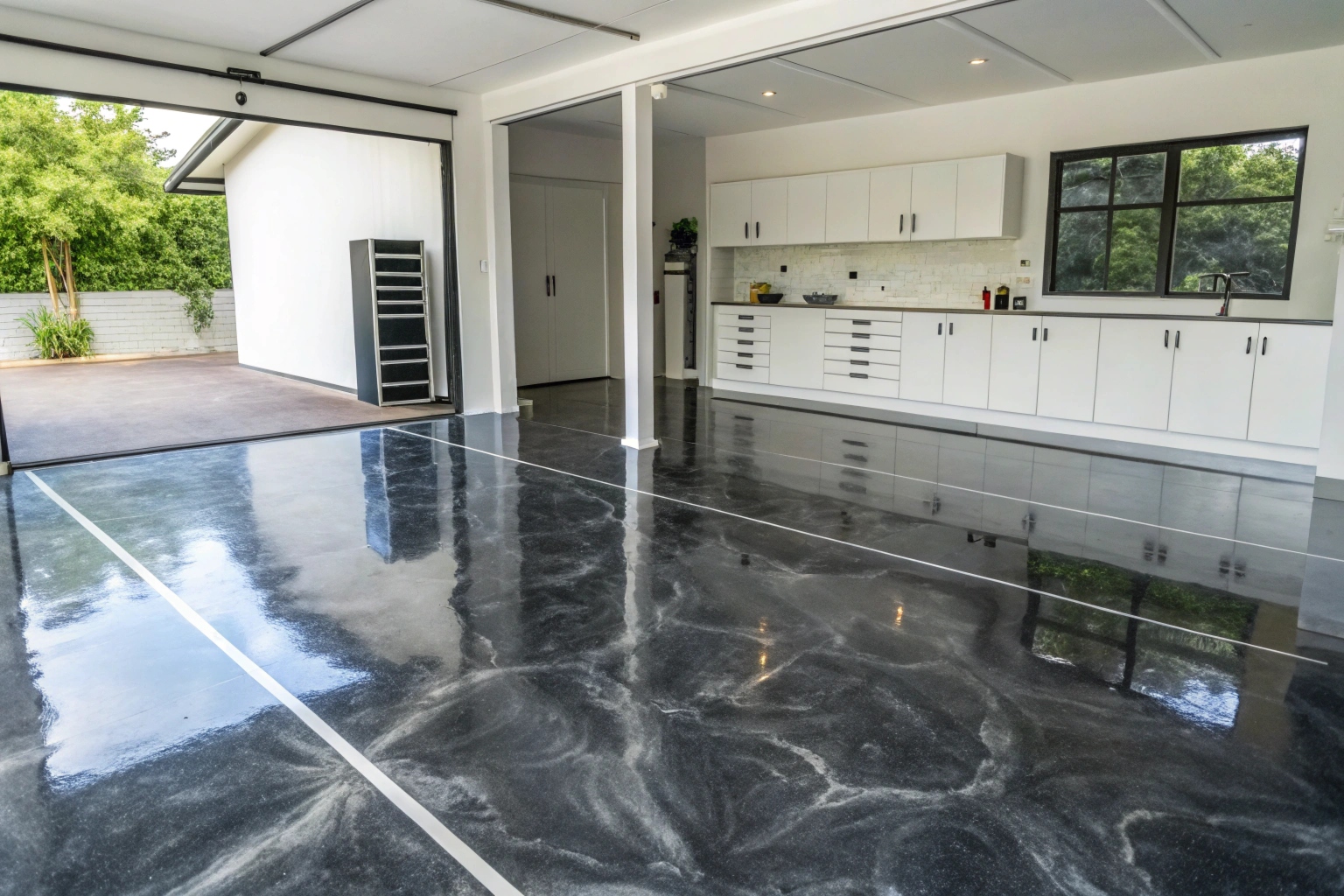 Metallic epoxy floor finish in a residential garage in Salisbury Queensland