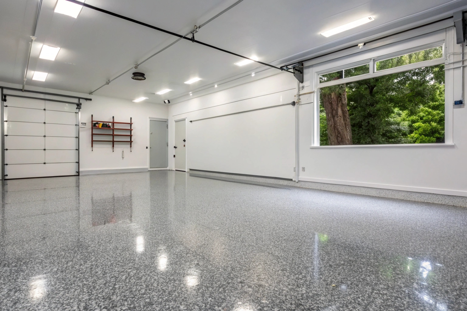 High-gloss decorative flake epoxy garage floor in a Brisbane residential home
