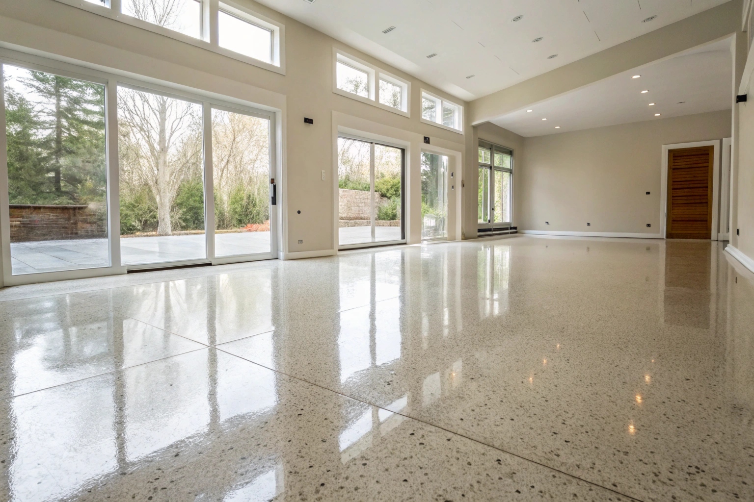 High-gloss epoxy floor finish in an open-plan residential living area