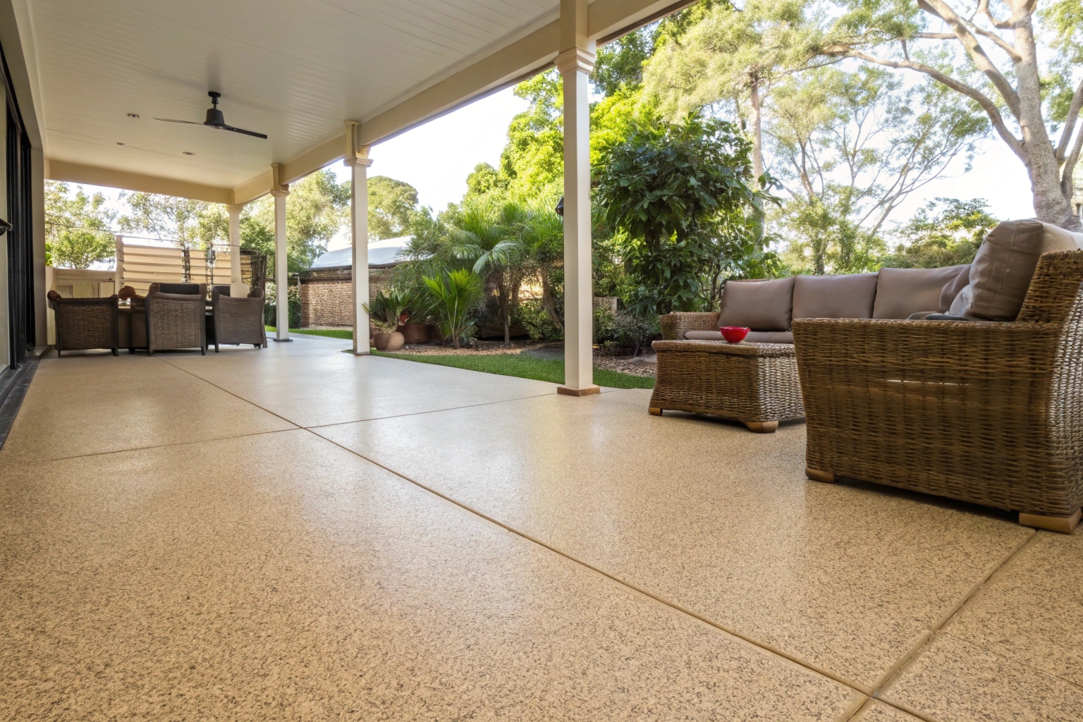 Exterior epoxy floor coating on an alfresco entertaining area Nathan Brisbane property